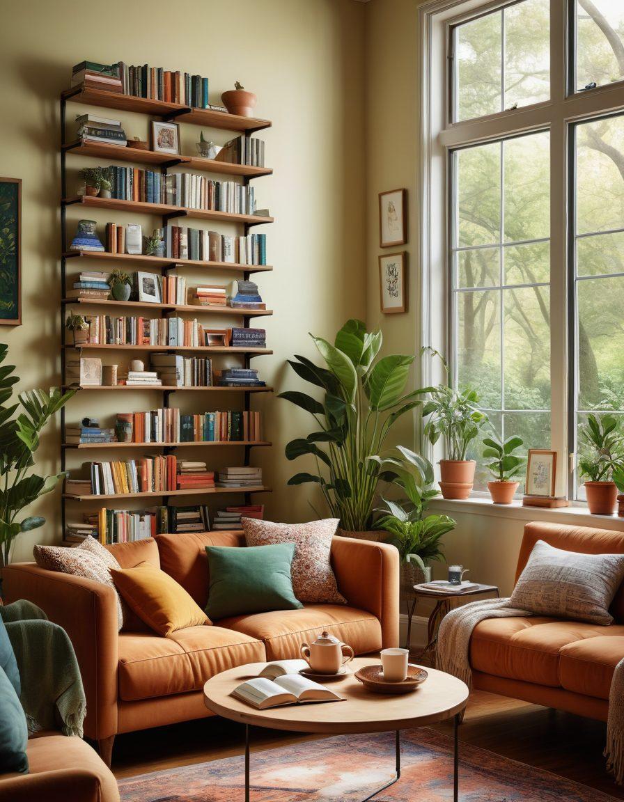 A cozy, inviting scene of a book club gathering in a warm living room, featuring a diverse group of friends sitting in a circle, surrounded by stacks of books and steaming mugs of tea. The walls adorned with inspirational quotes and vibrant book covers, while soft, natural light filters through a window, casting a gentle glow. Add lush plants and a comfy sofa in the background to enhance the atmosphere of connection and storytelling. super-realistic. warm colors. inviting ambiance.
