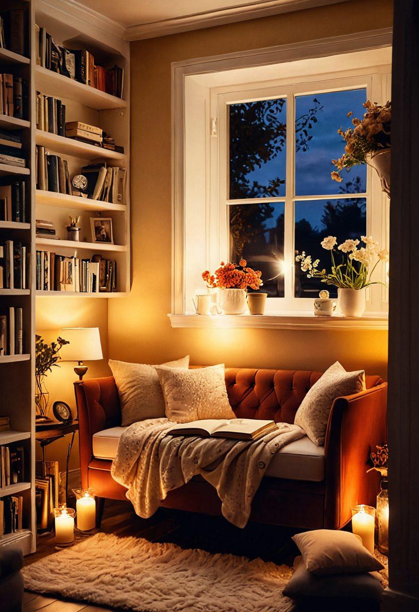 An inviting, cozy reading nook filled with an array of romantic novels, surrounded by soft, warm lighting and plush cushions. A steaming cup of tea and a pair of reading glasses rests on an open book, exuding a sense of comfort and intimacy. Delicate floral decorations enhance the romantic atmosphere, while a bookshelf filled with classic love stories stands in the background. super-realistic. warm colors. 3D.