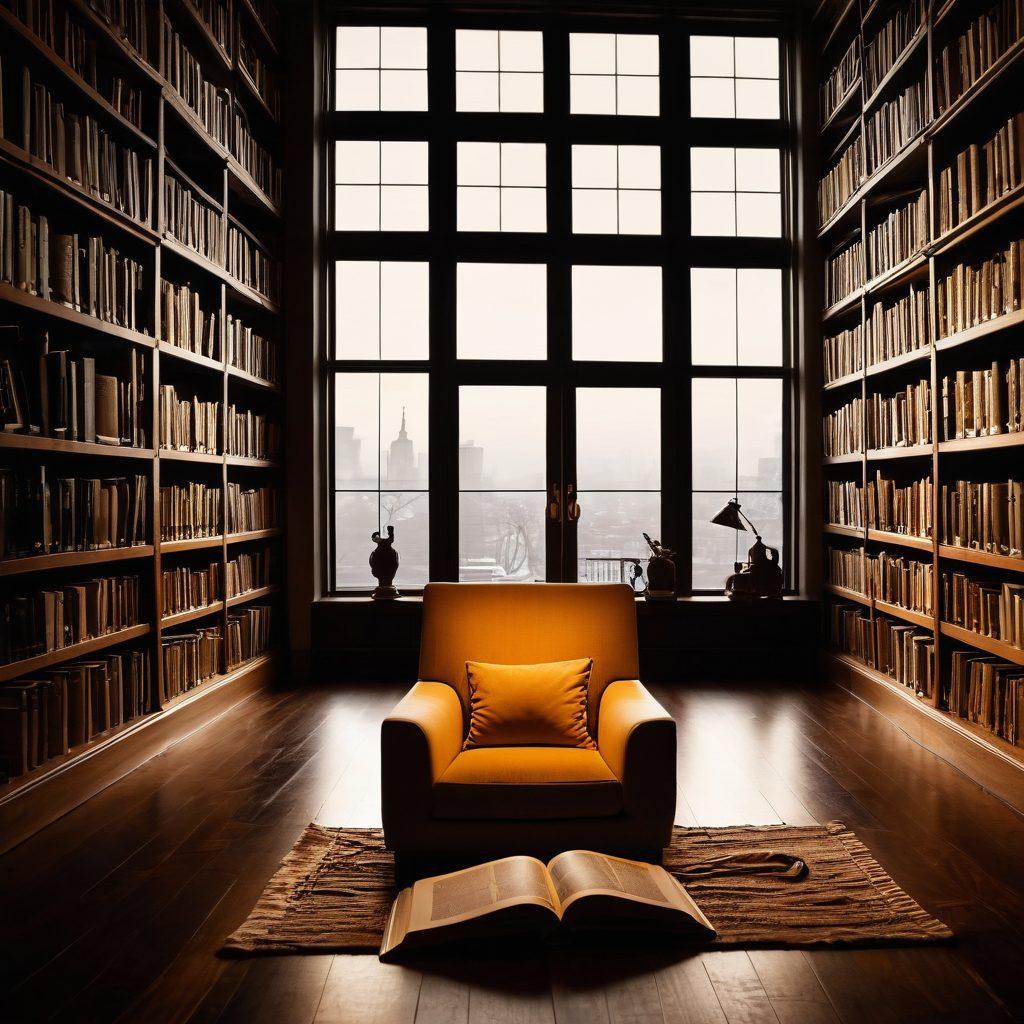 A captivating library scene filled with rows of books, an open book displaying heartfelt prose, alongside silhouettes of diverse characters emerging from the pages. Warm lighting and a cozy armchair invite the viewer to dive into the world of literature. A blend of classical and modern elements creates an engaging atmosphere. super-realistic. warm color palette. soft focus.